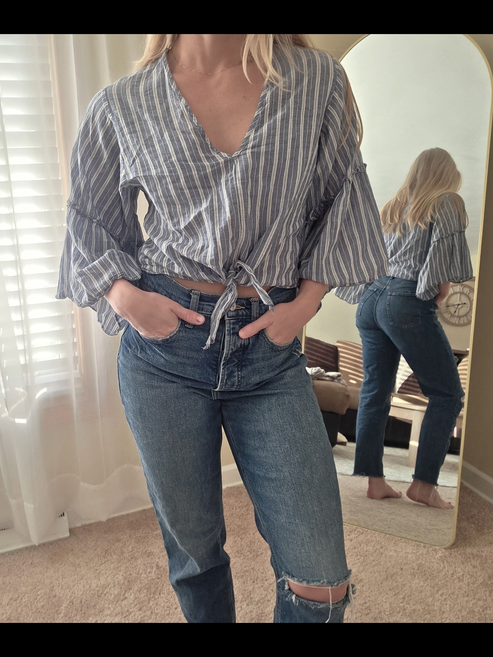 Blue And White Striped Top With Flared Ruffle Sleeves